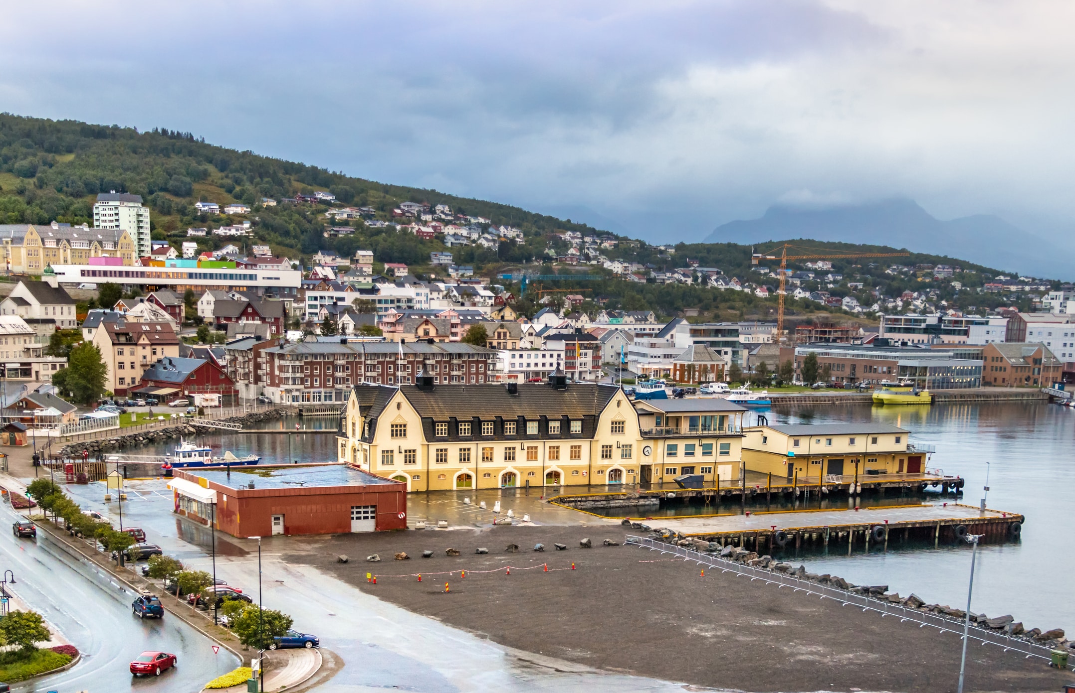 Seaside view of buildings in Harstad, Norway.