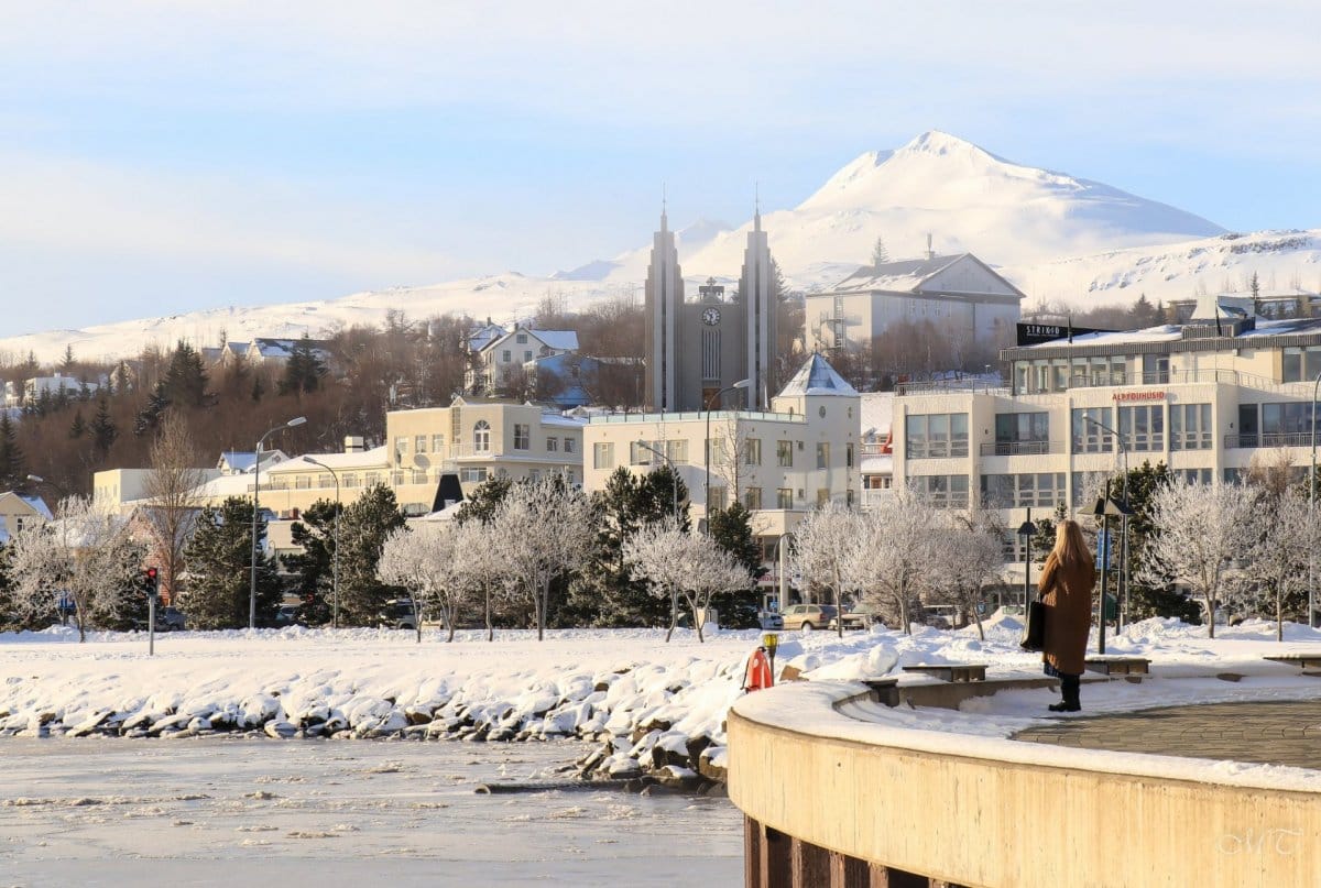 Akureyri city seen from waterfront in winter.